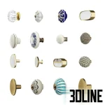 High-resolution 3D model set of 16 Zara Home decorative furniture handles and knobs, including ceramic flowers, brass ovals, mother-of-pearl inlays, and rope knots.