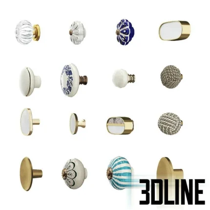 High-resolution 3D model set of 16 Zara Home decorative furniture handles and knobs, including ceramic flowers, brass ovals, mother-of-pearl inlays, and rope knots.