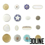 High-resolution 3D model set of 16 Zara Home decorative furniture handles and knobs, including ceramic flowers, brass ovals, mother-of-pearl inlays, and rope knots.