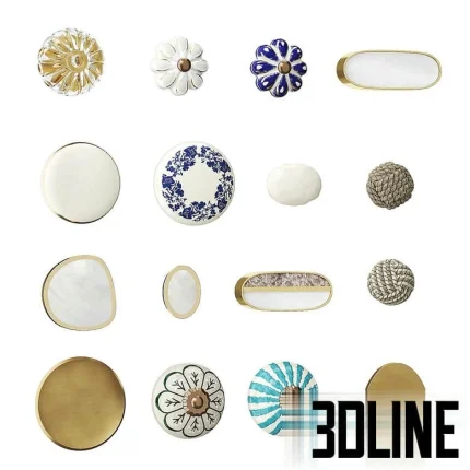 High-resolution 3D model set of 16 Zara Home decorative furniture handles and knobs, including ceramic flowers, brass ovals, mother-of-pearl inlays, and rope knots.