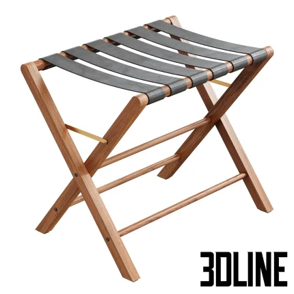 Detailed 3D model of the Zara Home folding stool, featuring a natural wood X-frame with parallel black leather straps forming the seat, suitable for use as a luggage rack or accent stool.