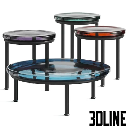 3D model set of Zigo coffee tables featuring thick, cast-glass tops in vibrant blue, red, purple, and green, supported by minimalist black metal legs.