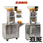 Detailed 3D model of the Zummo Z14 commercial orange juicer on a stainless steel cabinet base, including oranges and bottled juice accessories.