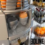 Detailed 3D model of the Zummo Z14 commercial orange juicer on a stainless steel cabinet base, including oranges and bottled juice accessories.