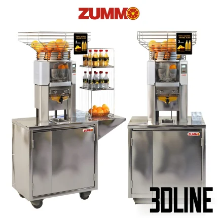 Detailed 3D model of the Zummo Z14 commercial orange juicer on a stainless steel cabinet base, including oranges and bottled juice accessories.