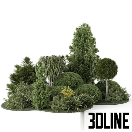 3D model collection of various outdoor landscaping plants including tall conifers, leafy green bushes, flowering shrubs, and ground cover vegetation for garden design.