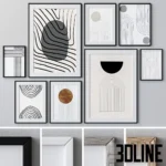 3D model set of gallery wall photo frames featuring abstract black and white line art and geometric shapes, available in black, white, and wood frame finishes.