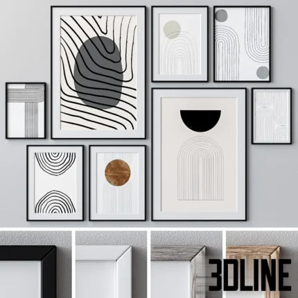 3D model set of gallery wall photo frames featuring abstract black and white line art and geometric shapes, available in black, white, and wood frame finishes.