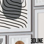 3D model set of gallery wall photo frames featuring abstract black and white line art and geometric shapes, available in black, white, and wood frame finishes.