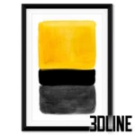 3D model set of framed abstract art prints featuring horizontal color blocks and watercolor textures in mustard yellow, black, and grey tones.