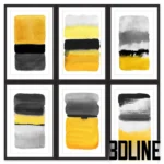 3D model set of framed abstract art prints featuring horizontal color blocks and watercolor textures in mustard yellow, black, and grey tones.