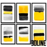3D model set of framed abstract art prints featuring horizontal color blocks and watercolor textures in mustard yellow, black, and grey tones.