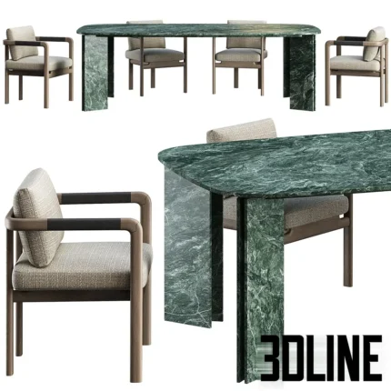 3D model of the Acerbis Maxwell green marble dining table paired with Giorgetti Montgomery dining chairs featuring ash wood frames and grey upholstery.