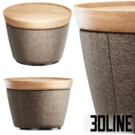 3D model of the Annor round coffee table featuring a tapered fabric upholstered base in grey-brown and a light oak wood tray top with a raised rim.