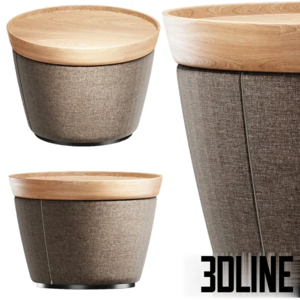 3D model of the Annor round coffee table featuring a tapered fabric upholstered base in grey-brown and a light oak wood tray top with a raised rim.