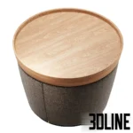 3D model of the Annor round coffee table featuring a tapered fabric upholstered base in grey-brown and a light oak wood tray top with a raised rim.