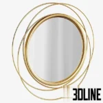 3D model of the Ansley Glam accent mirror featuring a round central glass surrounded by an artistic frame of overlapping gold wire rings.