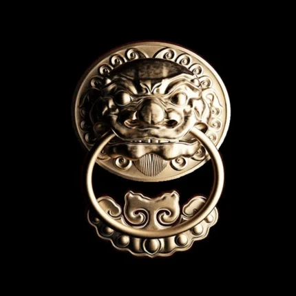 3D model of an antique lion head door knocker made of aged brass, featuring detailed mane carving and a heavy ring handle.