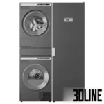3D model set of Asko laundry appliances in a dark titanium finish, featuring a stacked washing machine and tumble dryer alongside a tall drying cabinet.