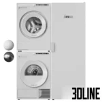 3D model set of Asko laundry appliances in a dark titanium finish, featuring a stacked washing machine and tumble dryer alongside a tall drying cabinet.