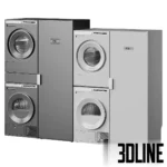 3D model set of Asko laundry appliances in a dark titanium finish, featuring a stacked washing machine and tumble dryer alongside a tall drying cabinet.
