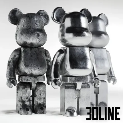 3D model set of three Bearbrick figurines in metal finishes: polished silver chrome, matte aluminum, and distressed rusted metal.