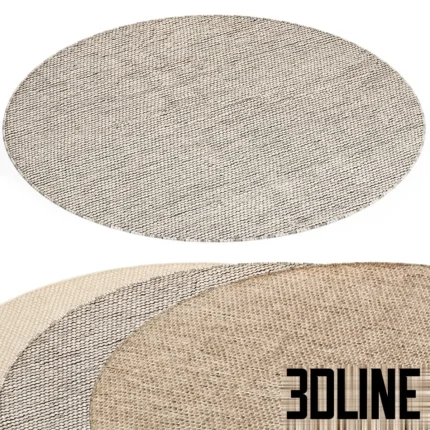 3D visualization of the Benuta Rocco rug featuring a round shape with a textured braided wool weave in neutral beige and grey tones.