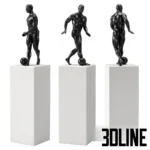 3D model set of three black athletic male sculptures on white pedestals, depicting poses of a handstand, pushing a block, and playing soccer.