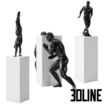 3D model set of three black athletic male sculptures on white pedestals, depicting poses of a handstand, pushing a block, and playing soccer.