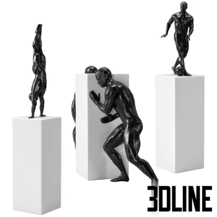 3D model set of three black athletic male sculptures on white pedestals, depicting poses of a handstand, pushing a block, and playing soccer.