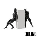 3D model set of three black athletic male sculptures on white pedestals, depicting poses of a handstand, pushing a block, and playing soccer.