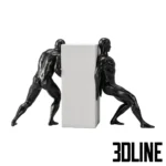 3D model set of three black athletic male sculptures on white pedestals, depicting poses of a handstand, pushing a block, and playing soccer.