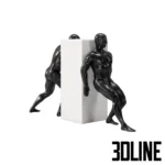 3D model set of three black athletic male sculptures on white pedestals, depicting poses of a handstand, pushing a block, and playing soccer.
