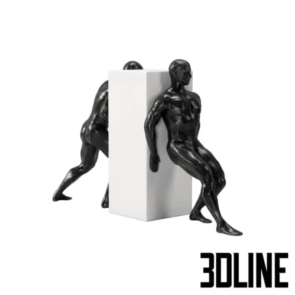 3D model set of three black athletic male sculptures on white pedestals, depicting poses of a handstand, pushing a block, and playing soccer.