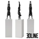 3D model set of three black athletic male sculptures on white pedestals, depicting poses of a handstand, pushing a block, and playing soccer.