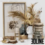 3D model of a boho decorative set featuring a white ceramic vase with a sculpted face filled with dried palm leaves, geometric wood shapes, and blue glass vases.