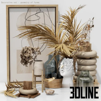 3D model of a boho decorative set featuring a white ceramic vase with a sculpted face filled with dried palm leaves, geometric wood shapes, and blue glass vases.