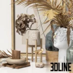 3D model of a boho decorative set featuring a white ceramic vase with a sculpted face filled with dried palm leaves, geometric wood shapes, and blue glass vases.