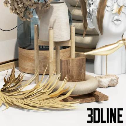 3D model of a boho decorative set featuring a white ceramic vase with a sculpted face filled with dried palm leaves, geometric wood shapes, and blue glass vases.