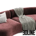 3D model of the Bon Bon curved sofa in white and burgundy velvet, featuring a smooth organic kidney-bean shape and soft rounded edges.