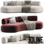3D model of the Bon Bon curved sofa in white and burgundy velvet, featuring a smooth organic kidney-bean shape and soft rounded edges.