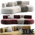 3D model of the Bon Bon curved sofa in white and burgundy velvet, featuring a smooth organic kidney-bean shape and soft rounded edges.