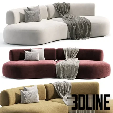 3D model of the Bon Bon curved sofa in white and burgundy velvet, featuring a smooth organic kidney-bean shape and soft rounded edges.