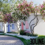 3D model set of Bougainvillea climbing plants with lush pink, purple, and white flowers growing on vertical pillars, suitable for outdoor landscaping.