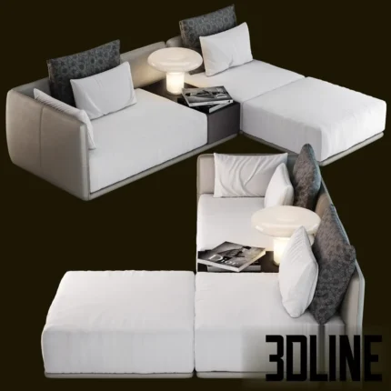3D model of the Camerich Elan modular sectional sofa featuring a mix of grey leather structure and white fabric cushions, integrated timber side tables, and a low-profile design.