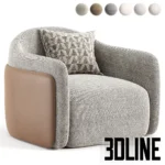 3D model of the Caris swivel lounge chair featuring a rounded silhouette with two-tone upholstery: textured grey fabric on the seat and smooth brown leather on the back.