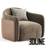 3D model of the Caris swivel lounge chair featuring a rounded silhouette with two-tone upholstery: textured grey fabric on the seat and smooth brown leather on the back.