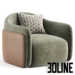 3D model of the Caris swivel lounge chair featuring a rounded silhouette with two-tone upholstery: textured grey fabric on the seat and smooth brown leather on the back.