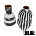 3D model set of two Casa Cubista style ceramic vases featuring bold hand-painted vertical blue and white stripes, in tiered cylinder and bulbous shapes.