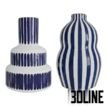 3D model set of two Casa Cubista style ceramic vases featuring bold hand-painted vertical blue and white stripes, in tiered cylinder and bulbous shapes.